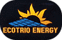 Logo ECOTRIO ENERGY: Soleil levant orange et jaune au-dessus de panneaux solaires bleus. Symbole d'énergie renouvelable et solaire.