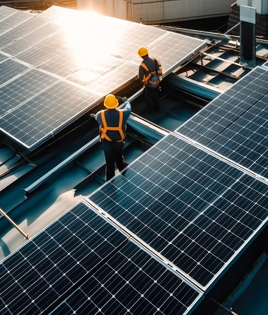 Installation de panneaux solaires : Ouvriers sur le toit. Deux ouvriers avec casques et harnais installent des panneaux solaires photovoltaïques sur un toit, au soleil couchant.